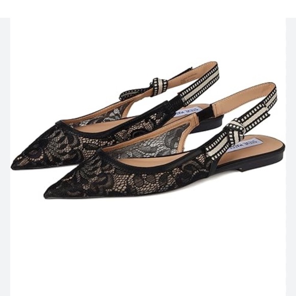 Steve Madden flats 7 black lace Olsen slingback pointed toe bow formal new - Picture 1 of 5